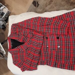 Red, Black, Green & White Plaid Pattern Suit Set of Lined Blazer w/ Skirt Small